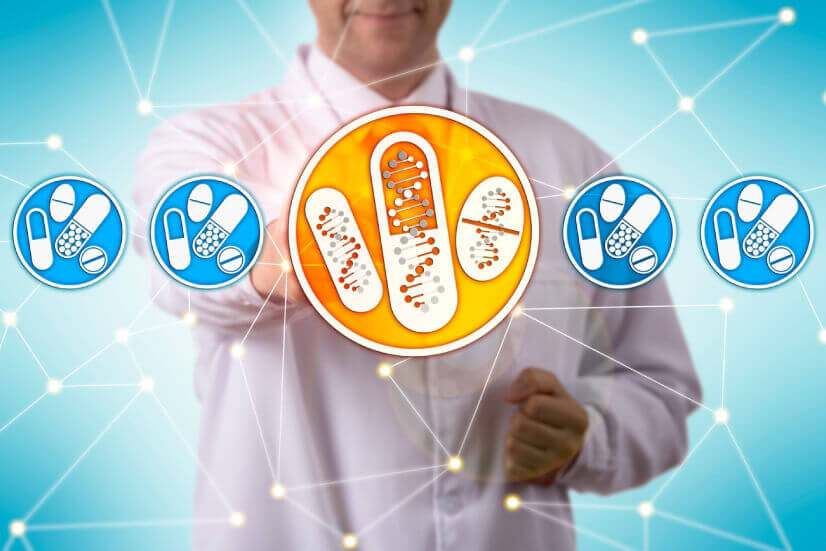 A doctor interacts with a digital interface showing illustrations of bacteria and antibiotics, symbolizing personalized medical analysis and treatment.