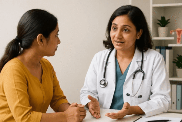 Professional doctor at Mughal Labs Lahore providing a medical consultation and explaining lab test results to a patient.